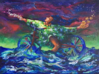 Painting Happy The Aquatic Traveler 36" x 48" for sale by Pablo Montes O’Neill